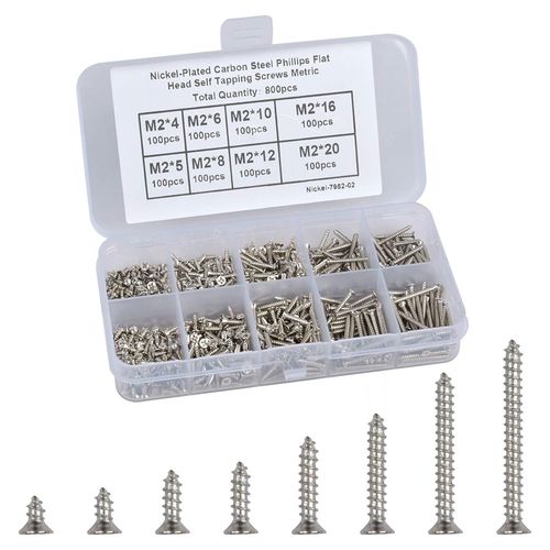 800 Pièces Vis Autotaraudeuses tête Plate, Petit M2 Fraisée Cruciformes Vis Assortiment Kit 4-20mm, Auto-foreuse à Tête Plate en Acier au Carbone Nickelé Vis à Bois Kit avec Boîte de Rangement