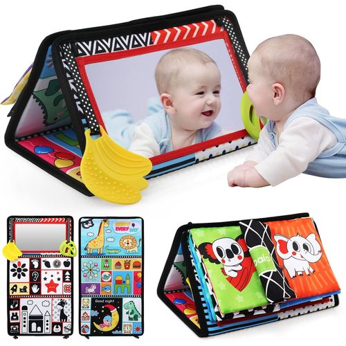 Jeux d'Eveil Bebe 0 3 6 12 Mois, Miroir Bebe Eveil Montessori Noir et Blanc Jouets Sensoriels, Livre Tissu Doux Froissé Éducatif Jouet Cadeau pour Bébé Naissance Fille Garçon 0-18 Mois