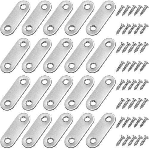 Equerre de Fixation Plats Droits Support en Droit Plat Metalliques Equerres avec Vis pour Bois Meubles Placard Réparation Support 46 * 16mm Argent 20 Pièces