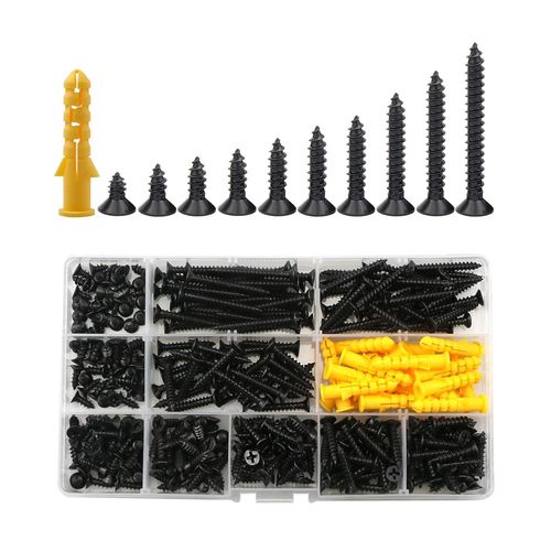 Vis autotaraudeuses M4 à tête plate,380 vis à bois cruciformes,autoperforante assortiment,lot de boite vis en acier au carbone,autoforeuse pour metal(8/10/12/14/16/18/20/25/30/35mm)(noire)