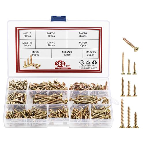 Ensemble de vis à bois 360 pièces, kit visserie, vis autoperceuses pour boîtiers de commutation, Livré avec boîte de rangement, parfaite pour les projets de bricolage et les réparations