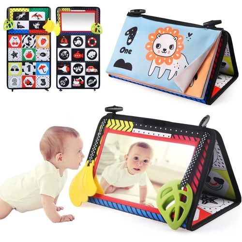 Amusant Jouet Sensoriels Bebe 0-18 Mois,Bebe Eveil Montessori Noir et Blanc Jouet Nouveau né avec Miroir Pliable avec Livre Eveil Bebe