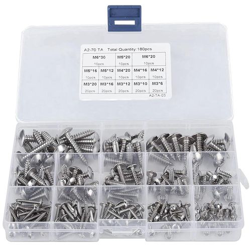 180 Pièces M3 M4 M5 M6 Jeu Vis Autotaraudeuses avec Boîte, Kit Vis à Tête Ronde Cruciforme Acier Inoxydable avec Rondelles, Assortiment Vis Plate Croisée Bois Autoperceuses pour Réparations, Argent