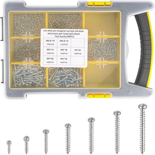 Assortiment de 850 Vis Autoforeuse avec Boîte de Rangement - Vis Zinguées M2,6-M4 - Assortiment Vis Tête Fraisée & Cylindrique - Vis a Bois Durs & Résineux, Menuiserie & Réparation
