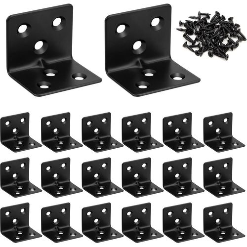 Equerre de Fixation Noir Angle Droit Support en forme de L Metalliques Equerre d'assemblage avec Vis pour Bois Meubles Placard Support 30*30*38mm 20 Pièces