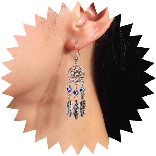 Boucles D'oreilles Boho Mauvais Oeil Boucles D'oreilles Goutte D'argent Attrape-Rêves Boucles D'oreilles Pendantes Plume Feuille Vintage Boucles D'oreilles Bleu Mauvais Oeil Bijoux Pour