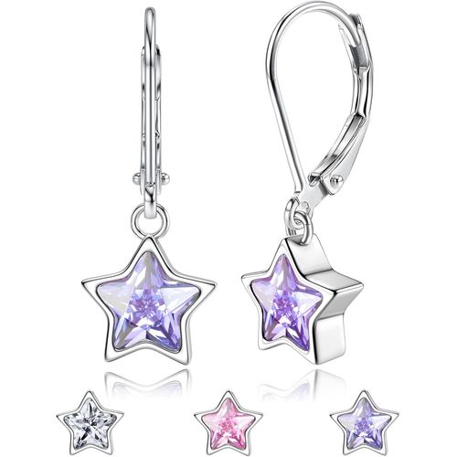 Boucles D'oreilles Pendantes En Argent 925 Pour Femmes Enfant Filles Hypoallergénique Boucles D'oreilles Créoles Avec Étoile Zircone Cubique Pendentif Boucles D'oreilles Violet Blanc Rose