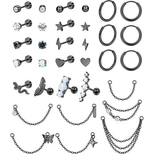 33pcs Piercing Oreille Acier Chirurgical Boucles D'oreilles Femme Avec Chaîne Piercing Helix Hypoallergénique Petite Opale Étoile Coeur Cz Dos Plat Boucles D'oreilles Piercing Tragus
