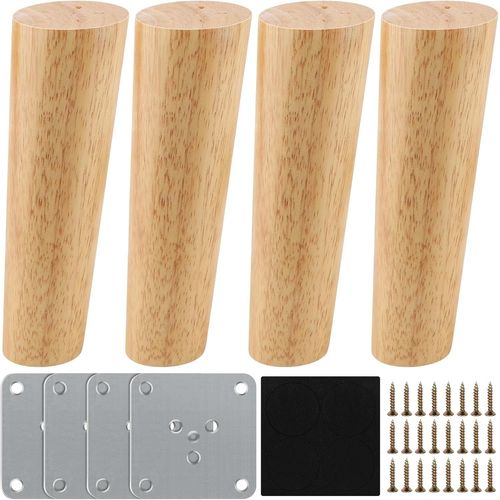 Pieds De Meuble Bois De Rechange 15cm,Lot De 4 Pieds De Meuble En Bois Pieds De Meuble Avec Plaque De Montage Vis Et Tapis Antidérapant Pieds De Meuble Bois Pieds De Canapé Bois Pour Lit Et Chaises