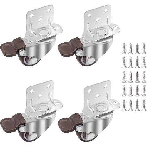 Roulettes pour Meubles 25MM, 4 Pcs Roulettes Pivotantes Avec Frein, Roulettes en Caoutchouc con 20 Vis, Plaque de Montage de Type L, Roulettes de Transport pour Berceaux et Chariots