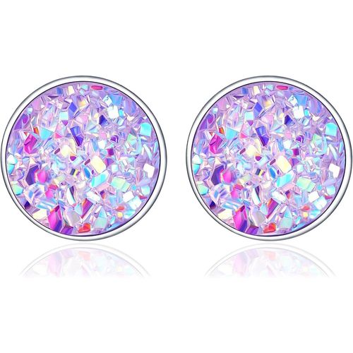 Boucles D'oreilles Rondes Pour Femme ¿ Boucles D'oreilles En Argent Sterling 925 Avec Zircone Colorée, Boucles D'oreilles Bohèmes Avec Pierre De Couleur Pailletée, Clous D'oreilles Plats Ronds