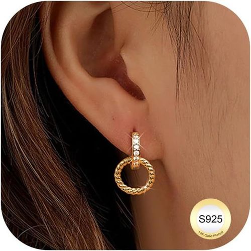 Boucles D'oreilles Créoles En Argent Sterling S925 - Double Cercle - Avec Zircone - Or/Argent - Boucles D'oreilles Pendantes - Double Cercle - Hypoallergéniques - Cadeau Pour Femme