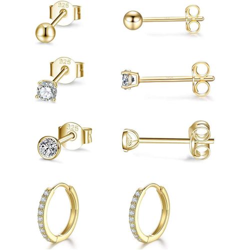 4 Paires Boucles D'oreilles Argent Femme, 3 Paires 3mm Clous D'reolles + 1 Paires 12mm Créoles Argent Avec Zircon Cubique, Argent/Or Jaune/Or Rose