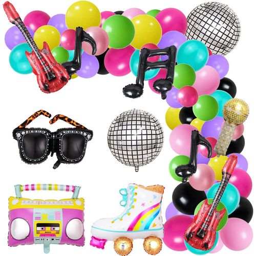 Ensemble de décorations de fête années 80 et 90 - Boîte de 139 pièces pour patins à roulettes - Ballons disco rétro aluminium 4D pour téléphone portable,kit d'arche hip-hop,décoration d'anniversaire