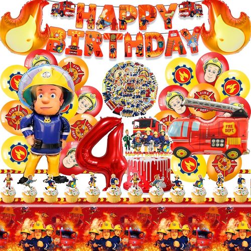 100 PCS Decoration Anniversaire Pompier 4 ans,Kit Anniversaire Pompier,Anniversaire Pompier Decoration,Pompier Ballon,Gâteau,Nappe,Autocollant,pour la Fête des Enfants