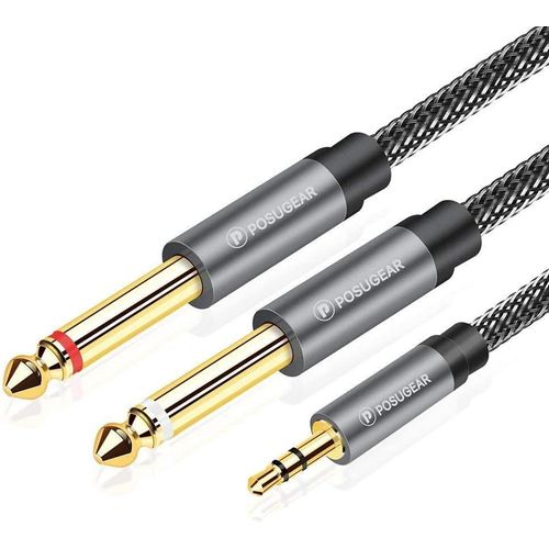 Câble Audio 3.5mm vers Double 6.35mm 2M, 6.35 Mâle vers 3.5 Mâle Mono Y Splitter Jack Câble d'Instrument Nylon Tressé pour Haut-parleurs, Table de Mixage, Cinéma Maison etc