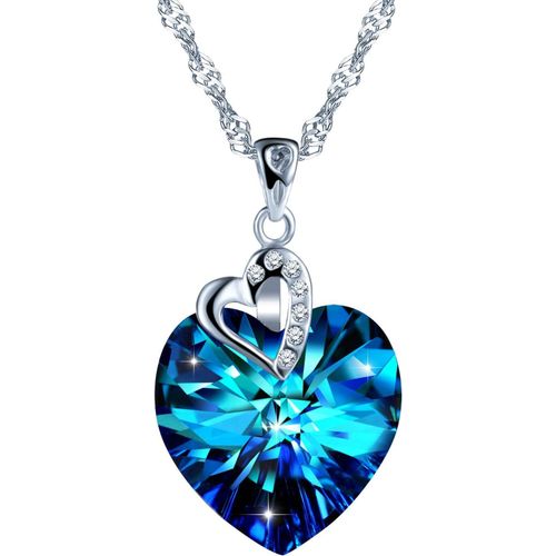 Collier Femme Fille, Collier En Argent 925, Collier Pendentif C?ur Océan, Collier De Cristal Bleu, Élégant