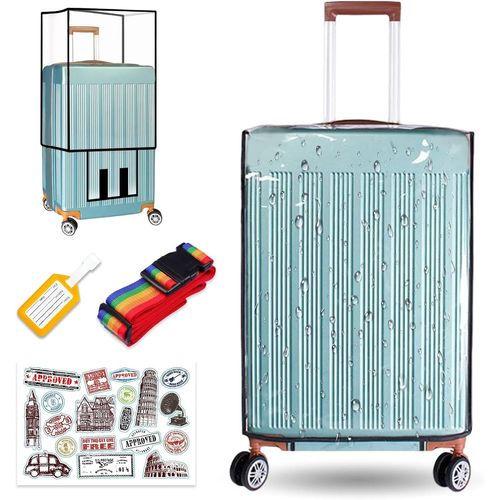 Housse de protection en PVC transparent avec sangle de bagage, étiquettes et autocollants, étanche à la poussière, étui de protection pour valise à roulettes, voyage, voyage quotidien