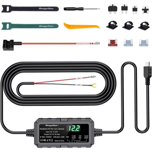 Hardwire Kit Mini USB avec Écran LED, 12V-32V à 5V 3A 4m 2-Core Câble Rigide Kit Protection Ajustable de Basse Tension Câble Surveillance de Stationnement 24H avec Fusible 4 Type Adaptateur