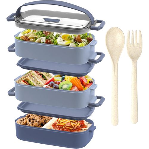 Lunch Box 3 Couches - 2200ml Boîtes Bento Pour Adulte Et Enfant, Avec Couverts Et 3 Pièce Compartimentée Réglables, Sans Bpa, Passe Au Micro-Onde, 19.5x11.2x15cm, Bleu