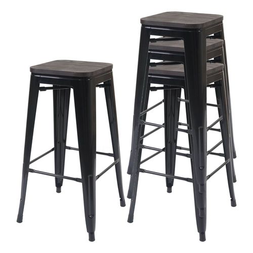 4x Tabouret De Bar Hwc-A73 Avec Sige En Bois, Chaise De Comptoir, Mtal, Design Industriel, Empilable   Noir