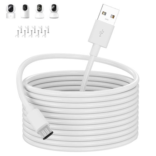 5 M Usb To Micro Usb Charging Cable For Xiaomi Camera 2k/Pro,Security Camera Power Extension Cables For Xiaomi Mi/Yi/Cloud Camera,Wyze/Nest/Arlo Q/Furbo Dog Cam,White