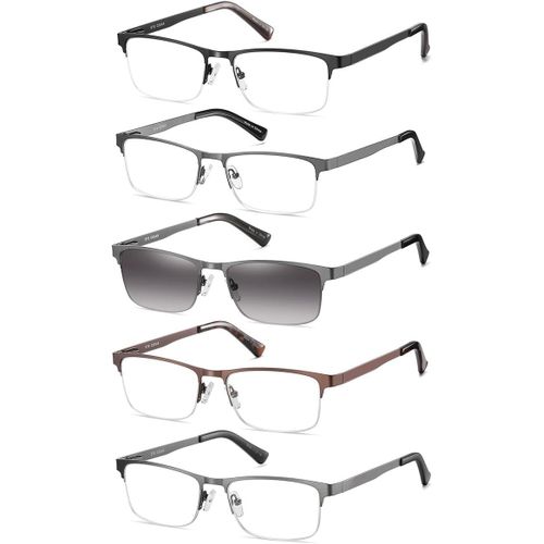 5 Paires Lunettes De Vue Lecture Hommes Style Demi-Trame Acier Inoxydable Materiaux Charniere A Ressort Compris Les Soleil Lunettes De Lecture +1.50