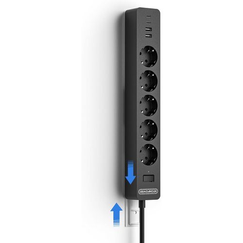 5 Prises Rallonge Pour Montage Mural, Usb-C Multiprise Avec Protection Pour Enfants Et Interrupteur, Prise Multiple Avec Cble De 1,5 M, Noir