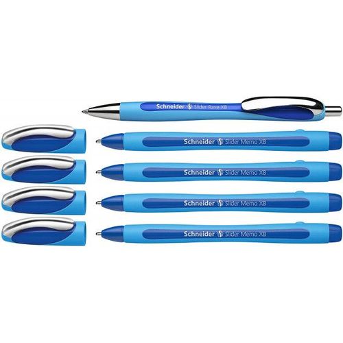 5 Stylos  Bille - Bleu - Pointe Extra Large Xb - Slider Memo Xb - Slider Rave Xb - Schneider