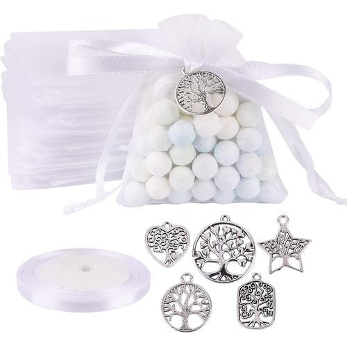 50 Sachet Organza Petite Pochette Et 50 Pendentifs Arbre De Vie Colliers Et Ruban Blanc Arbre De Vie Mtal Bijoux Bracelet Sac Faveur Dcoration Pour Communion Baptme Mariage