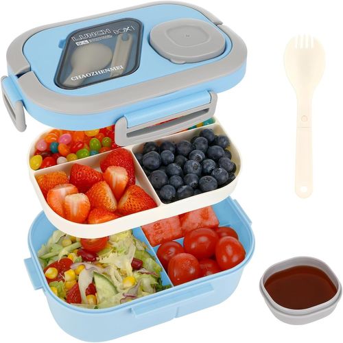 Bento Lunch Box, Lunch Box Enfant Adulte Boîte 1200ml Avec 3 Compartiments, Anti-Fuite Lunchbox, Sans Bpa, Pour Lave-Vaisselle, École Pique-Nique Travail (Vert) (Bleu)