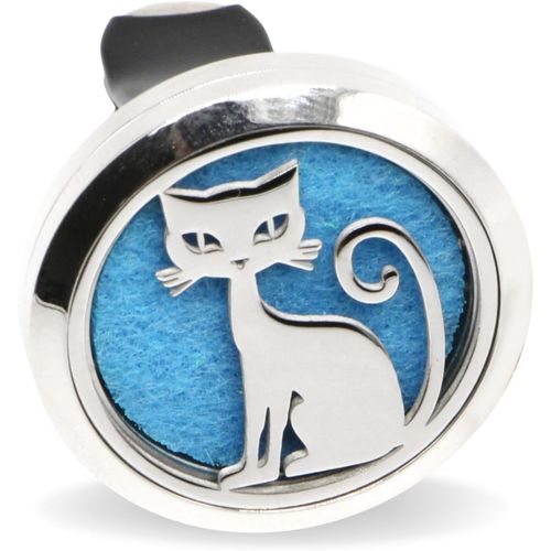 Diffuseur de Parfum pour Voiture Clip`Arôme, Désodorisant Voiture Pour Parfum et Huile Essentielle, Acier Inoxydable, Clip sur Grille de Ventilation, Motif Chat + 5 Buvards s