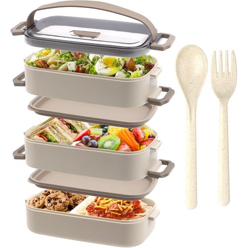 Lunch Box 3 Couches - 2200ml Boîtes Bento Pour Adulte Et Enfant, Avec Couverts Et 3 Pcs Compartimentée Réglables, Sans Bpa, Passe Au Micro-Onde, 19.5x11.2x15cm, Beige