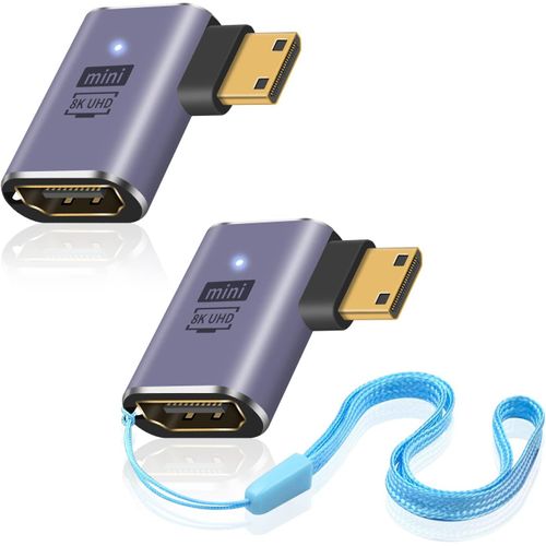 Adaptateur HDMI 8K vers Mini HDMI (2 Pack),Right Angle Mini HDMI mâle vers HDMI femelle,supporte 8K@60Hz, 48Gbps, pour Raspberry Pi Zero, Caméras,Projecteurs, Ordinateurs portables et Tablet.[V914]