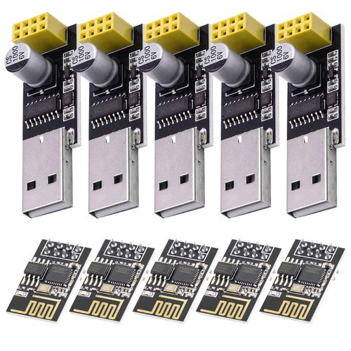 5 x ESP8266 ESP-01 Module Émetteur-Récepteur série sans Fil WLAN WiFi avec Adaptateur USB Compatible avec Arduino et Raspberry Pi incluant Un E-Book!.[V985]