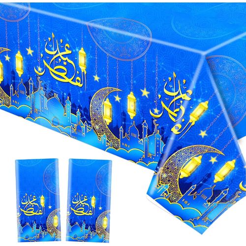 2 Nappe De Eid Mubarak Nappe De Ramadan Jetable, Nappe Rectangulaire En Plastique Nappe Table Eid Mubarak Nappe Table Ramadan Mubarak Nappe Imperm¿¿Able Ramadan Eid Mubarak Decoration, Bleu