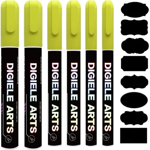 Marqueur Craie Jaune,Feutre Craie Liquide Jaune 1mm / 3mm / 6mm + 16 Etiquettes Tableau,Effaçage par Chiffon Humide ou Sec pour Tableau Noir,Ardoise,Miroir,Ardoise Magique,Vitre & Menu.[Y594]