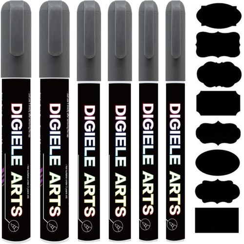 Marqueur Craie Argent,Feutre Craie Liquide Argent 1mm / 3mm / 6mm + 16 Etiquettes Tableau,Effaçage par Chiffon Humide ou Sec pour Tableau Noir,Ardoise,Miroir,Ardoise Magique,Vitre & Menu.[Y592]