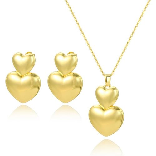 Bijoux Femme Hypoallergénique Parure De Bijoux Cadeau Parure Bijoux Mariage 18k Glossy Double Heart Necklace Earrings Jewellery Set.[Y895]