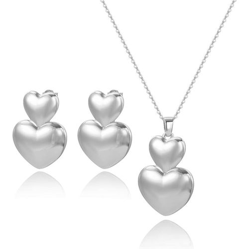 Bijoux Femme Hypoallergénique Parure De Bijoux Cadeau Parure Bijoux Mariage 18k Glossy Double Heart Necklace Earrings Jewellery Set.[Y896]