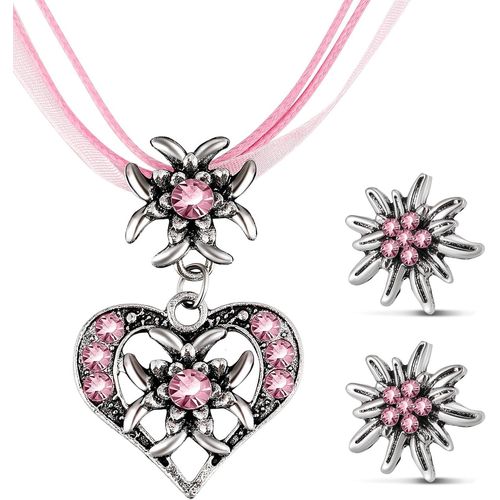 3 Pcs Set De Bijoux D'edelweiss Fantaisie Bijoux De Dirndl Bavarois Collier D'edelweiss Strass Avec Pendentif C?ur Boucles D'oreilles D'edelweiß Pour Fête De Bière Traditionnelle.[Y508]