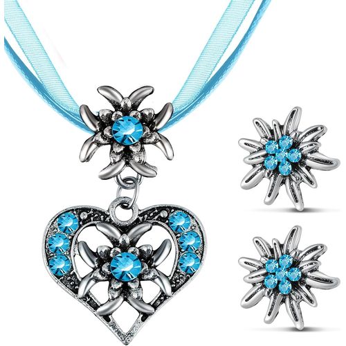 3 Pcs Set De Bijoux D'edelweiss Fantaisie Bijoux De Dirndl Bavarois Collier D'edelweiss Strass Avec Pendentif C?ur Boucles D'oreilles D'edelweiß Pour Fête De Bière Traditionnelle.[Y506]