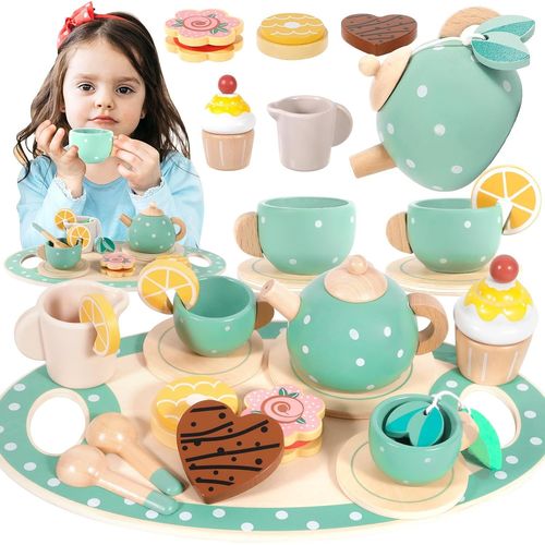 17Pcs Service à Thé pour Enfants,Services à Thé en Bois,Tea Party Jeux de Rôle,Service à Thé Jouets,Dînette Enfant Accessoire,Jeux de Cuisine pour Enfants Filles Garçons 3 4 5+Ans