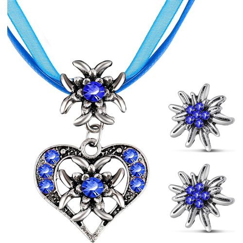 3 Pcs Set De Bijoux D'edelweiss Fantaisie Bijoux De Dirndl Bavarois Collier D'edelweiss Strass Avec Pendentif C?ur Boucles D'oreilles D'edelweiß Pour Fête De Bière Traditionnelle.[Y505]