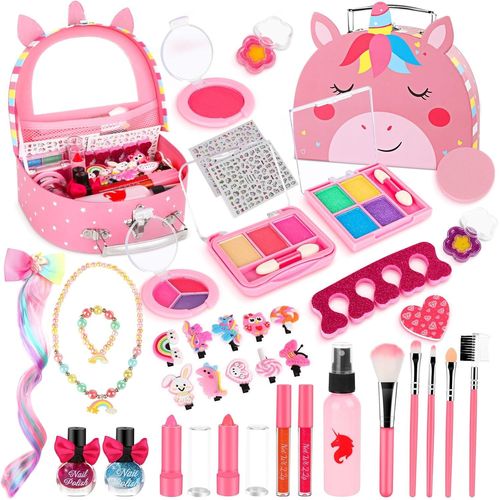Maquillage Enfant Fille 37pcs Lavable Rose Licorne Non Toxique Malette Maquillage Enfant Coffret Maquillage Jouet Fille Cadeau de Noël Anniversaire Cadeau Fille 3 4 5 6 7 8 9 10 11 12 Ans