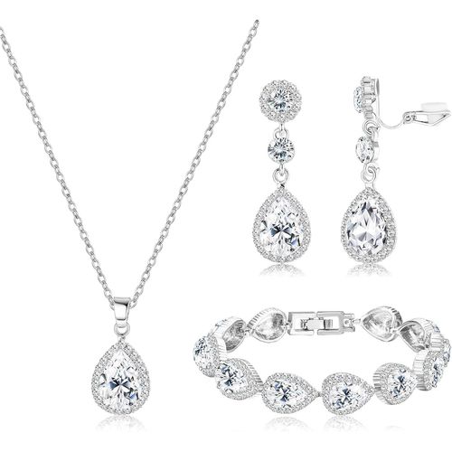 Parure Bijoux Mariage Pour Femme Mariée Collier Bracelet Clip On Boucle D'oreilles Ensemble Cristal Strass Pendentif Larme Boucles D'oreilles Prom Fiançailles Faire La Fête Parure Bijoux.[Y251]