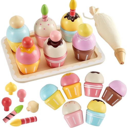 Jouet Cupcake,Jouet Gâteaux Anniversaire,Pâtisserie Jouet en Bois Nourriture Cuisine Enfant,Service à Thé Jouets Boulangerie,Accessoires Dinette Jeu de Rôle pour Garçons Filles 3 4 5 Ans