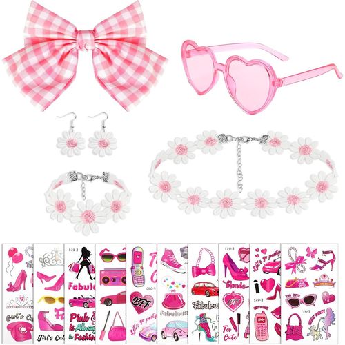Déguisement Année 80 Femme,Noeud Papillon Rose Pince Cheveux Lunettes Coeur Rose Boucle D'oreille Fleur Collier Bracelet Tatouage Pour Accessoire Party Costume Pink Costume Accessories