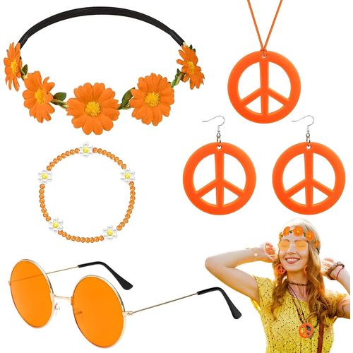 5 Pièces Accessoires Hippie Pour Femmes,Ensemble De Costume Hippie Avce Fleurie Bandeau Lunettes Hippie Boucles D'oreilles Collier Signe De Paix Bracelet Pour Musique Fête Des Années 60 70