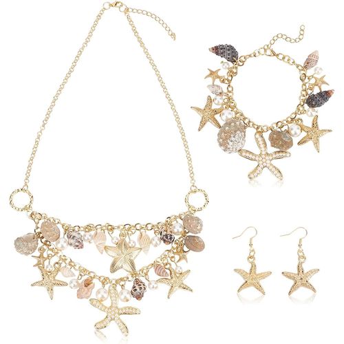 Coquillages De Plage D'été Étoile De Mer Perle Bib Déclaration Collier Bracelets Shell Boucles D'oreilles Pour Les Femmes (Plaqué Or).[Y1027]